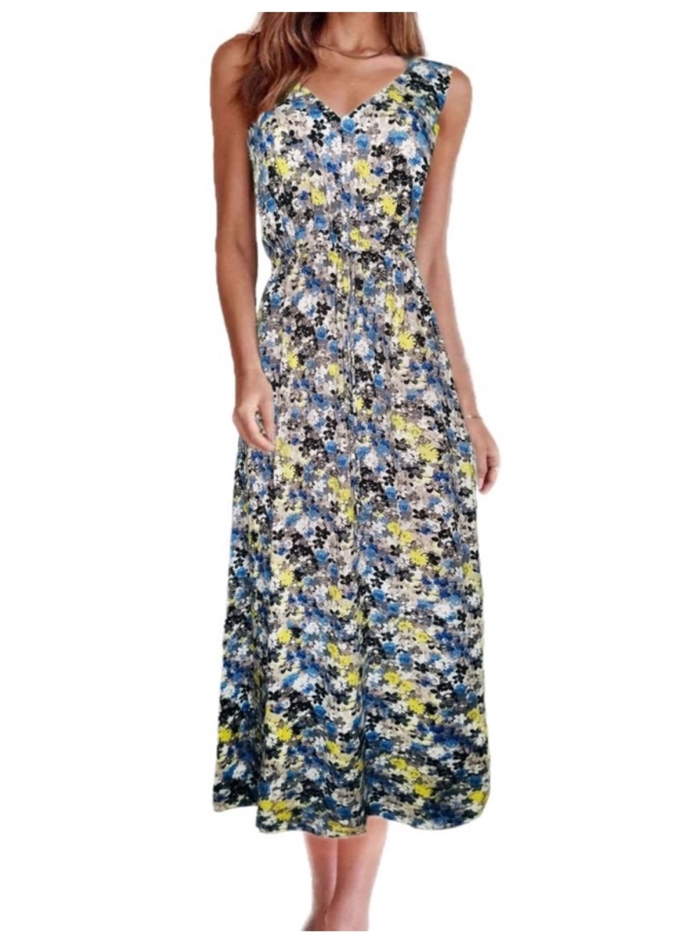 Floral V-Neck Maxi Dress in Blue and Yellow
